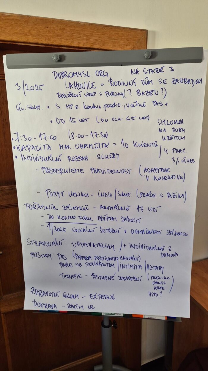 Na obrázku je papírová tabule, na které jsou rukou psané informace o novém denním stacionáři